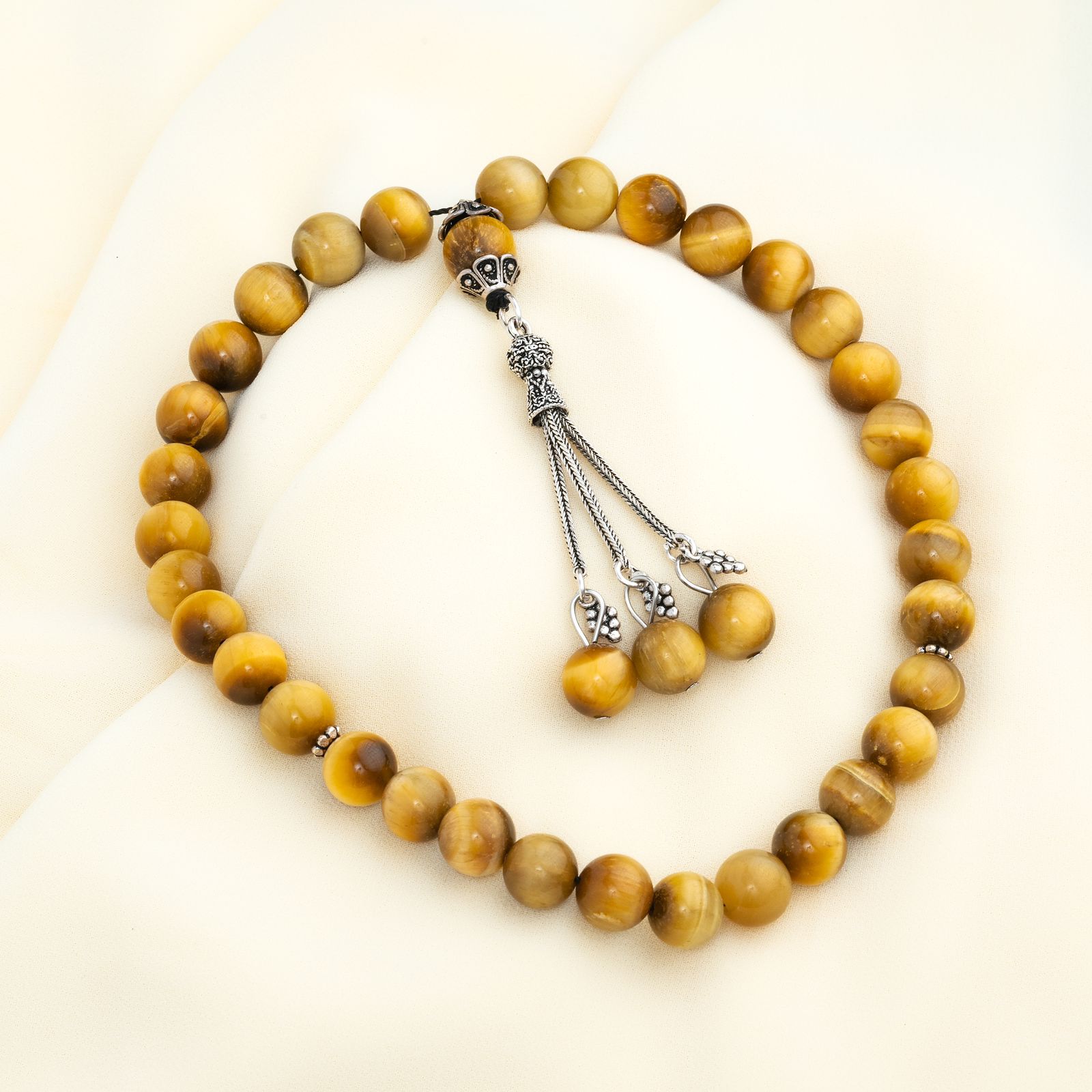 Natural Tiger eye’s Yellow Stone Masbaha with Italian Silver Karkosha Design