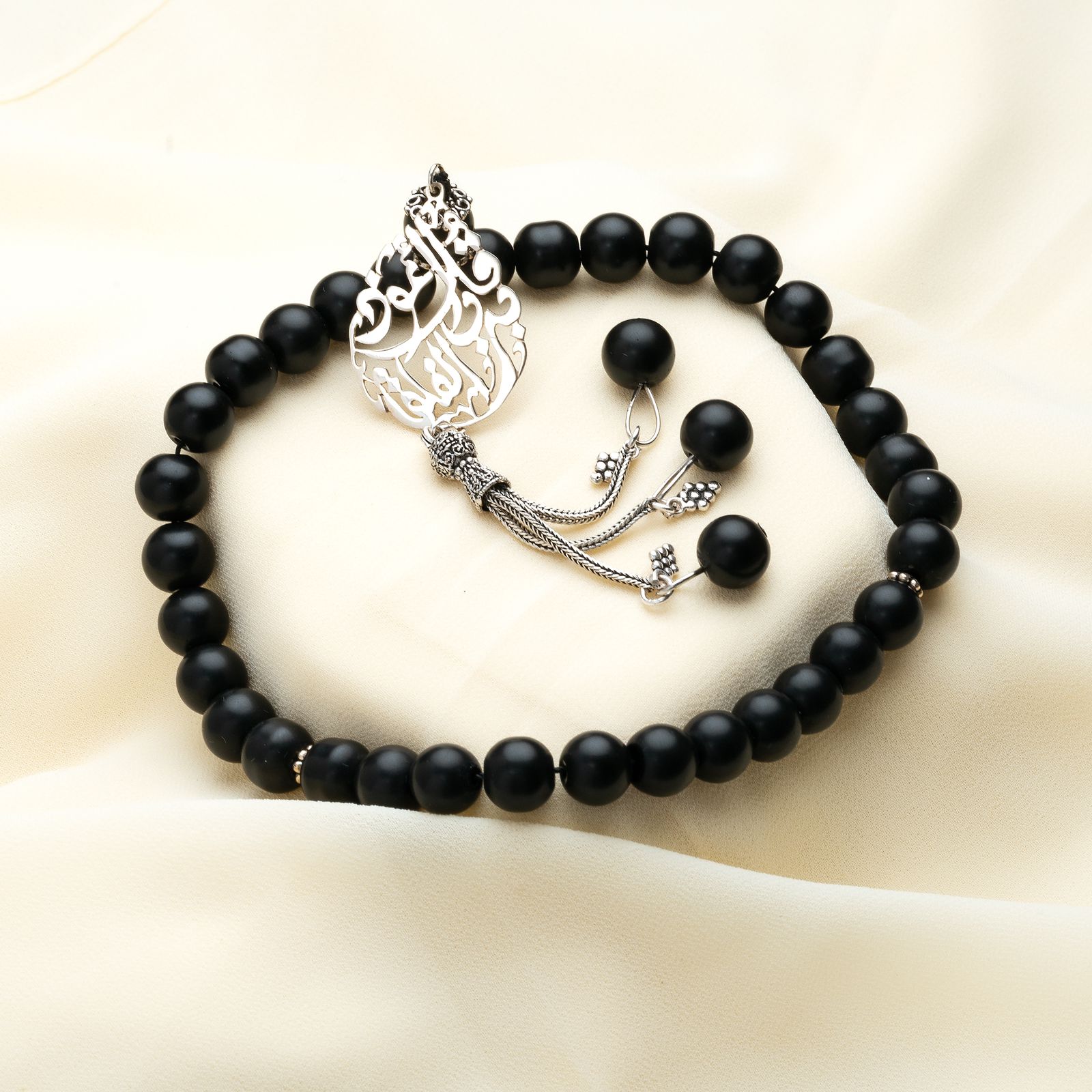 Natural Black Onyx Stone Masbaha with Italian Silver Name Design ‎