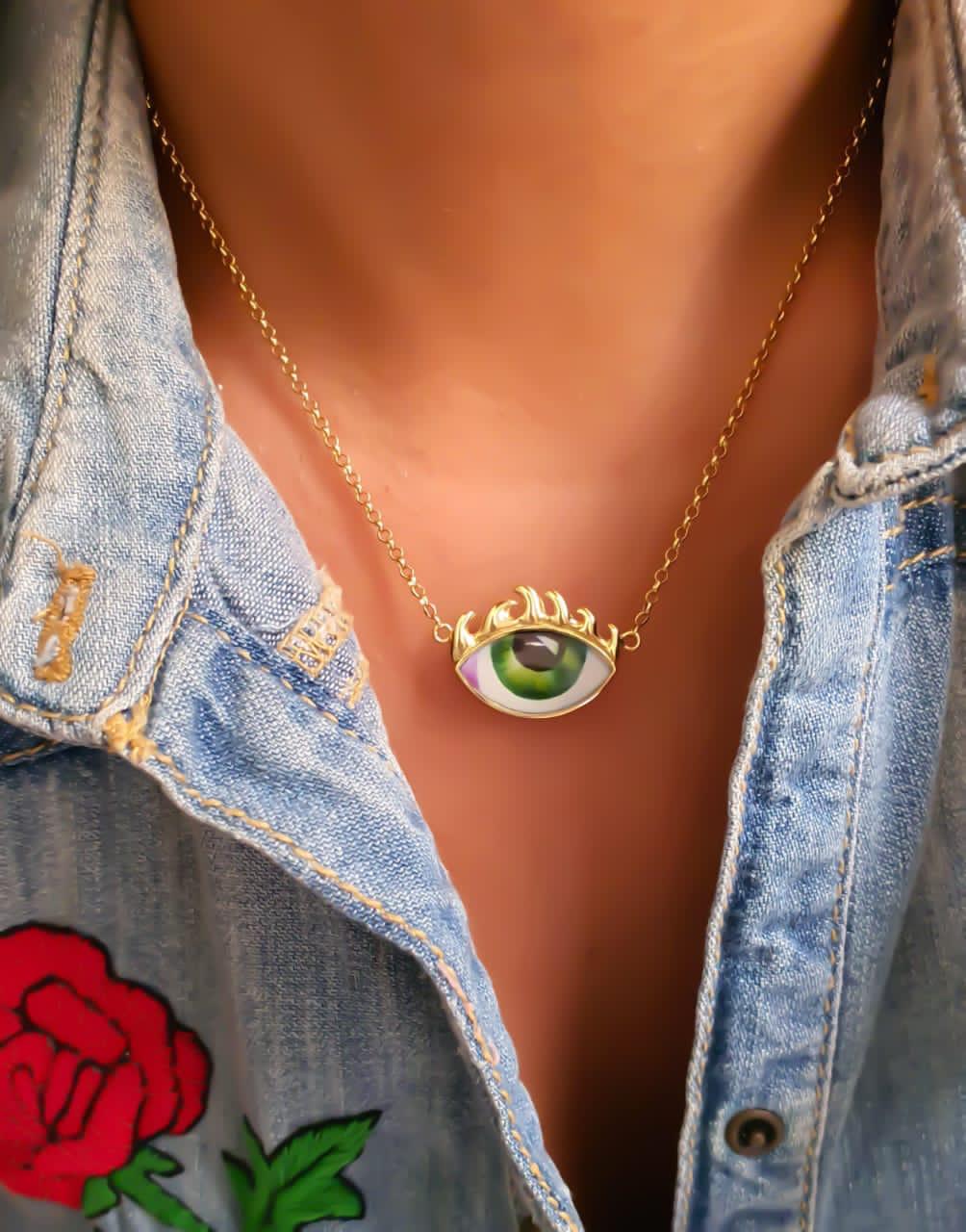 Gold “Fire Eye” Design With Italian Enamel Necklace