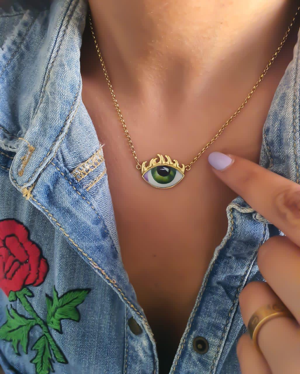 Gold “Fire Eye” Design With Italian Enamel Necklace