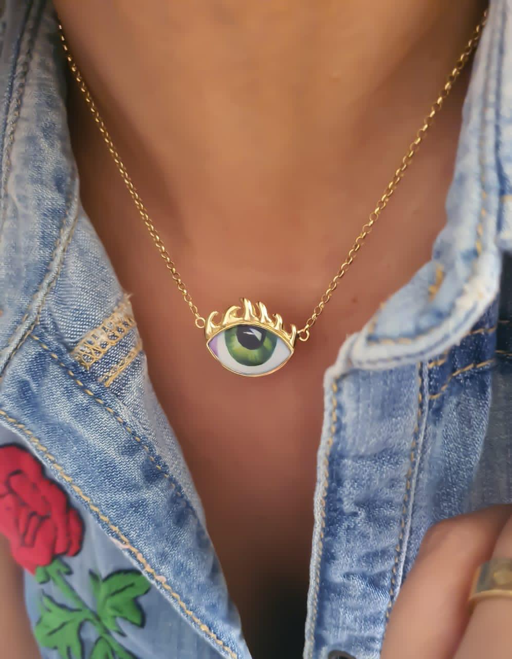 Gold “Fire Eye” Design With Italian Enamel Necklace