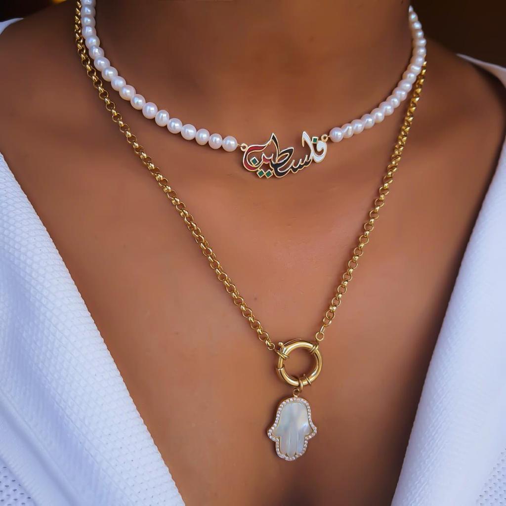 Gold Design With Italian Enamel And Natural Pearl Necklace