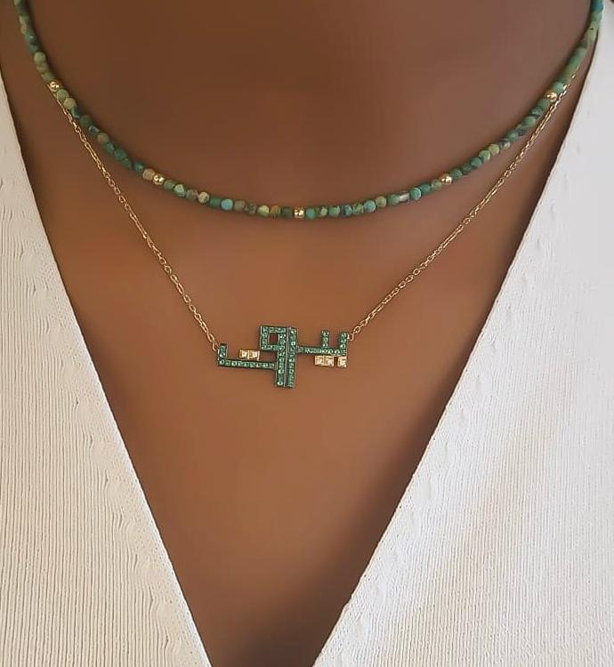 Gold Name Geometric Kufic Calligraphy Design With Zirconia Stone Necklace