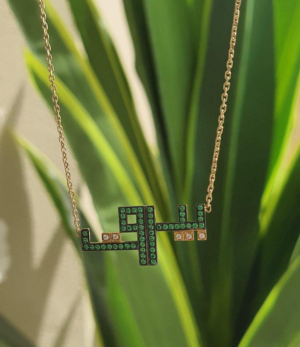 Gold Name Geometric Kufic Calligraphy Design With Zirconia Stone Necklace