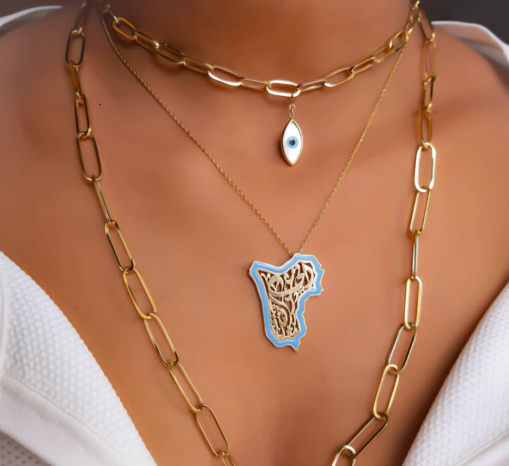Gold Iraq Map with Italian Enamel Necklace