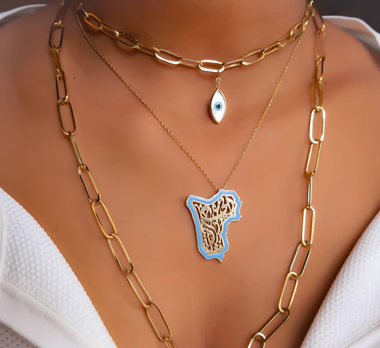 Gold Iraq Map with Italian Enamel Necklace