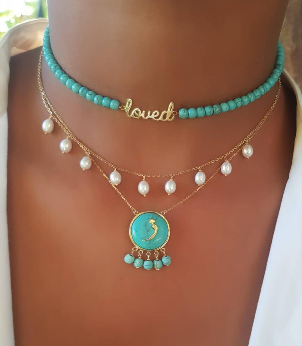 Gold Letter Design Turquoise Stone Necklace