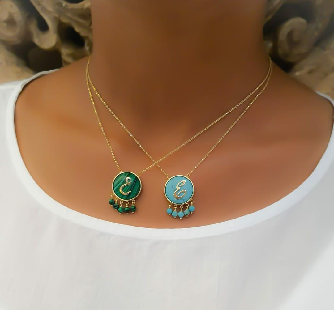 Gold Letter Design Turquoise Stone Necklace