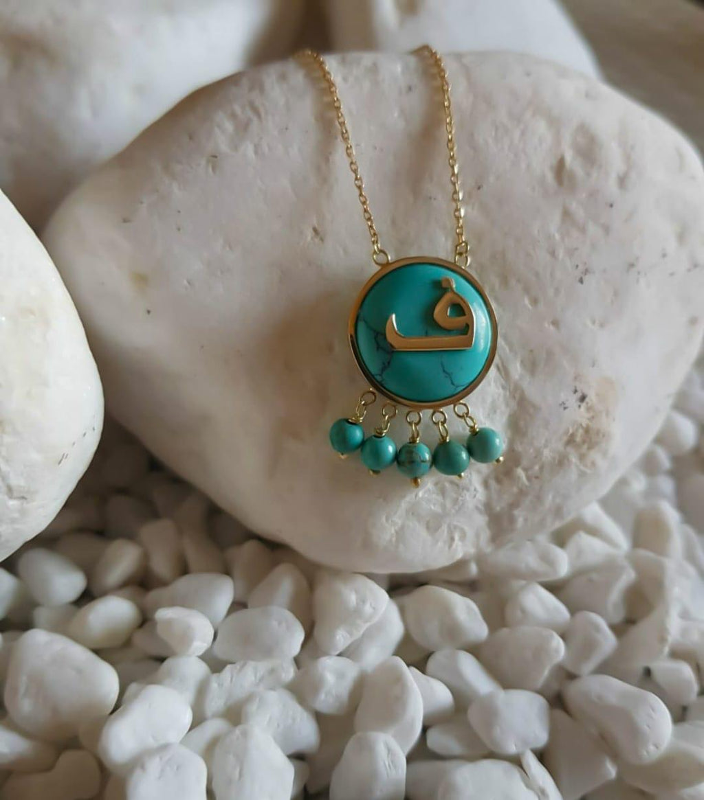 Gold Letter Design Turquoise Stone Necklace