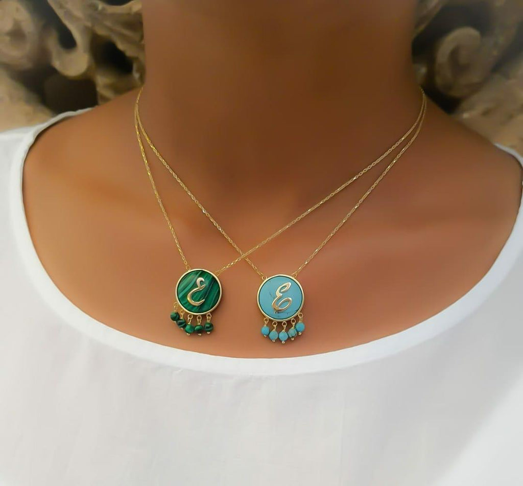 Gold Letter Design Malachite Stone Necklace