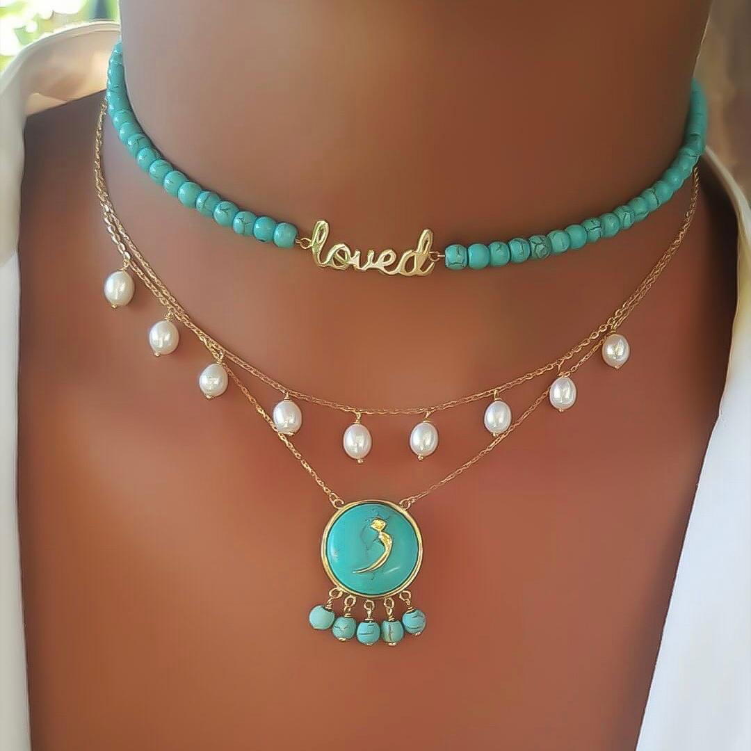 Gold Letter Design Turquoise Stone Necklace