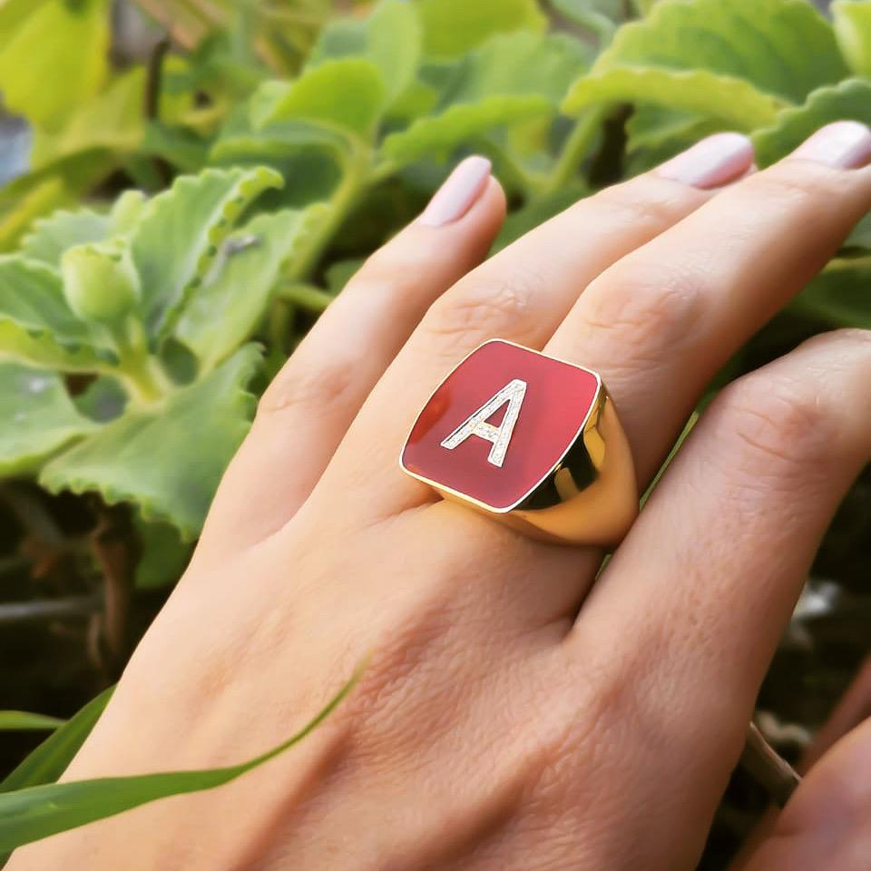 Gold Letter with Italian Enamel Design Ring