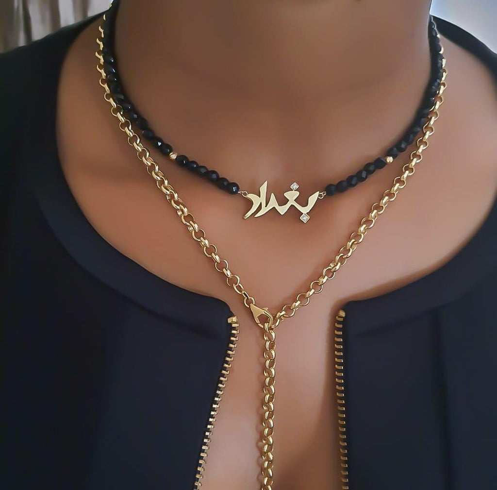 Gold Name Design with Black Onyx Stone Necklace