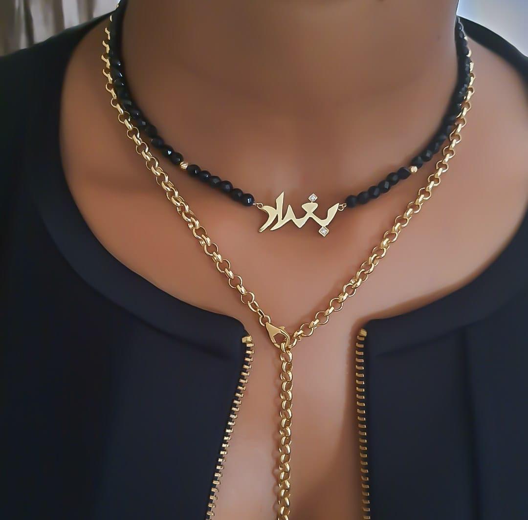 Gold Name Design with Black Onyx Stone Necklace