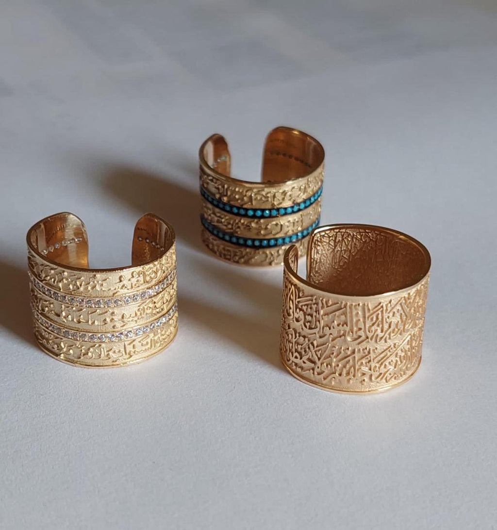 Gold “Ayat Al Kursi” Hand Carving Design With Zirconia Stone Ring