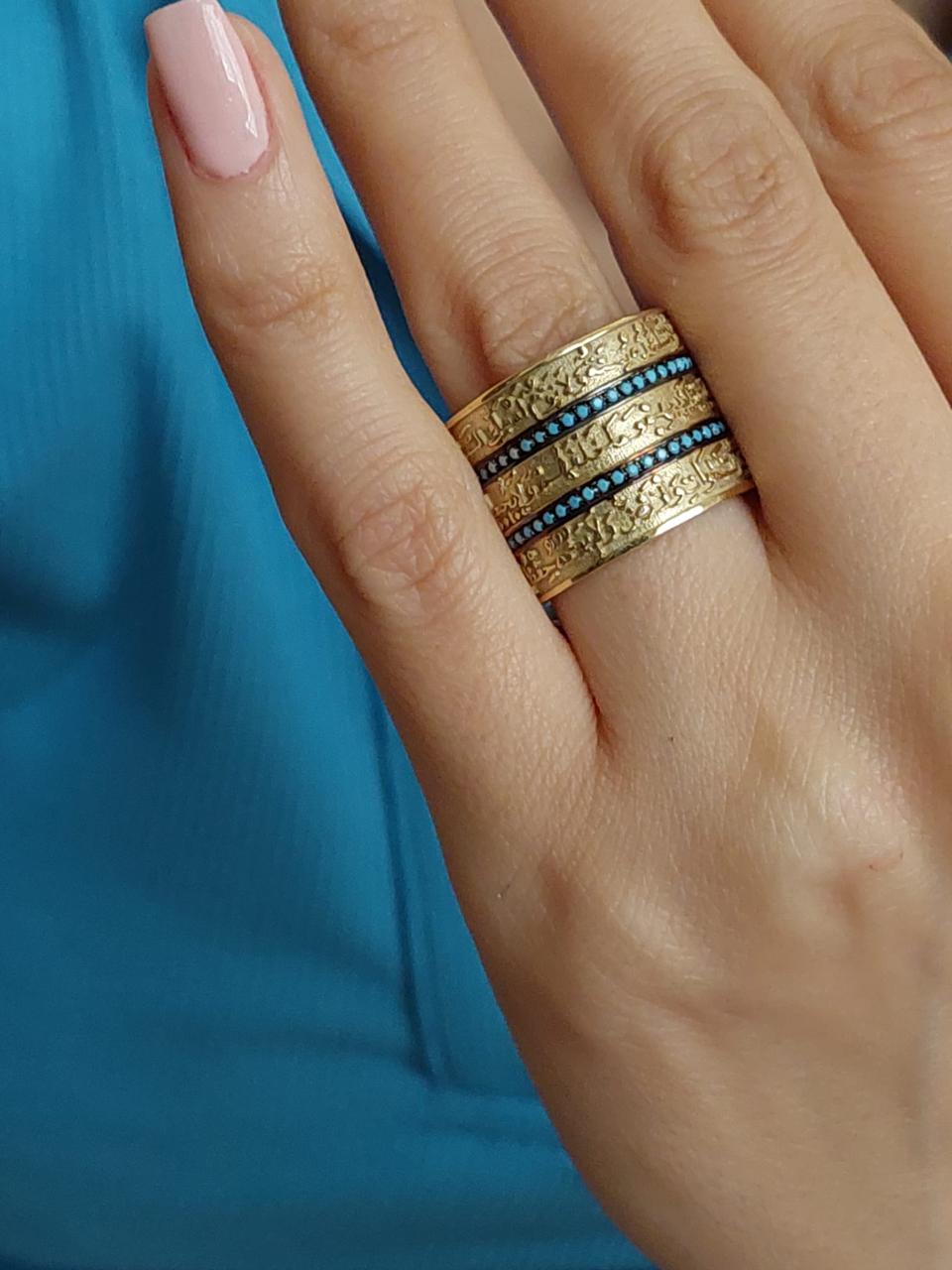 Gold “Ayat Al Kursi” Hand Carving Designs With Turquoise Stone Ring