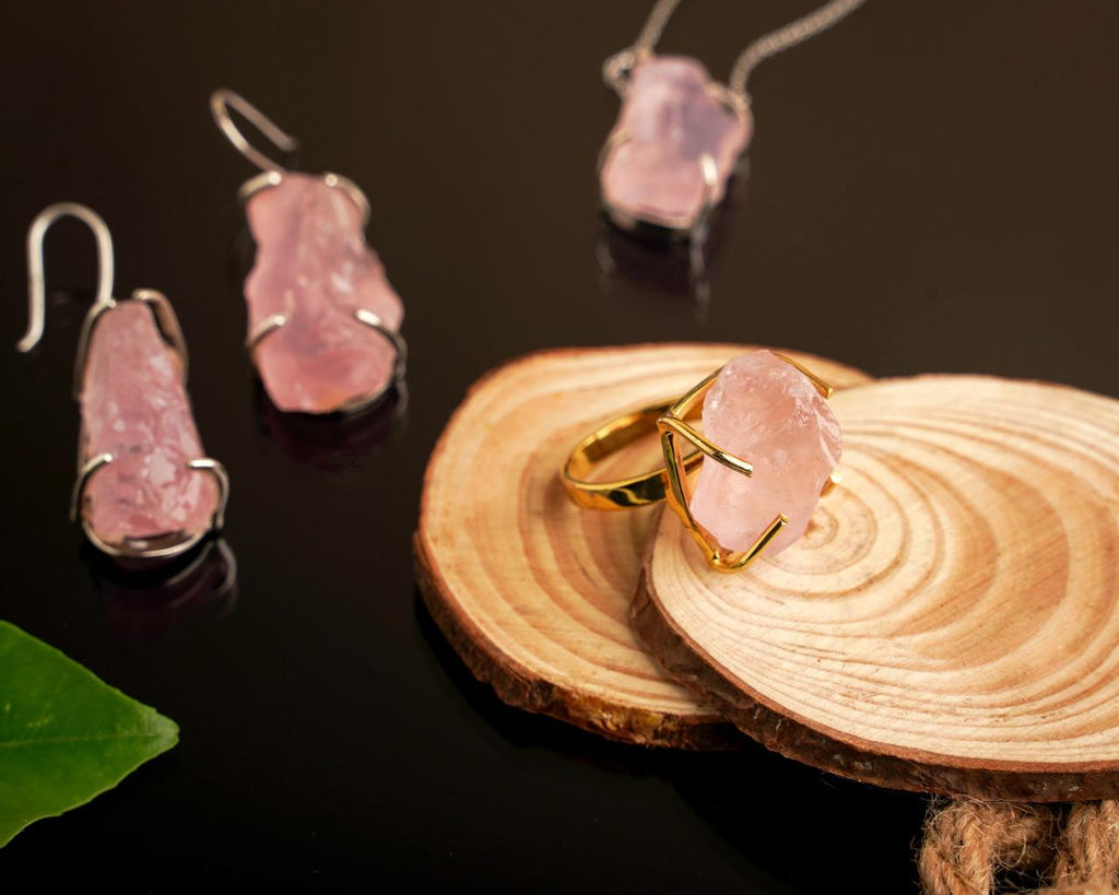 Rose Quartz Stone Silver Design Set