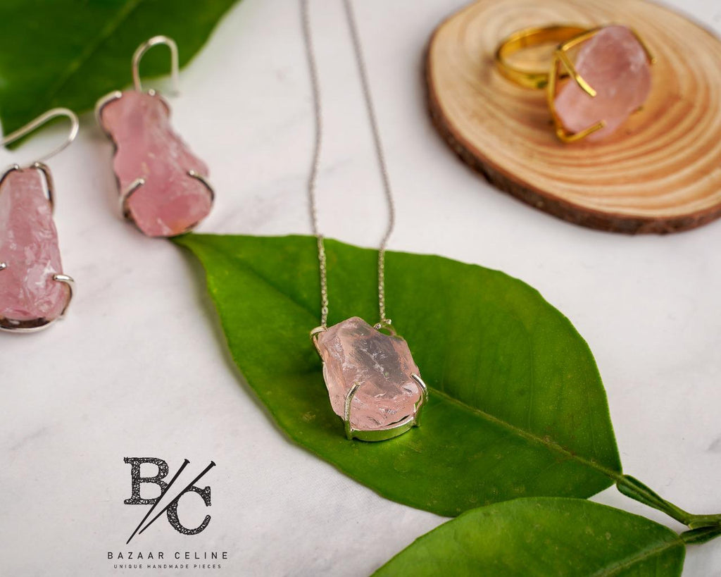 Rose Quartz Stone Silver Design Set