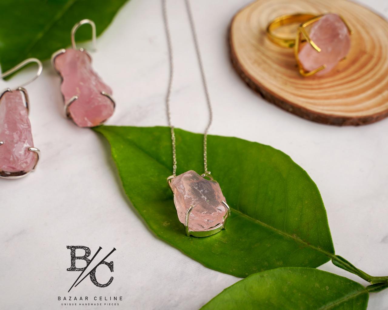 Rose Quartz Stone Silver Design Set