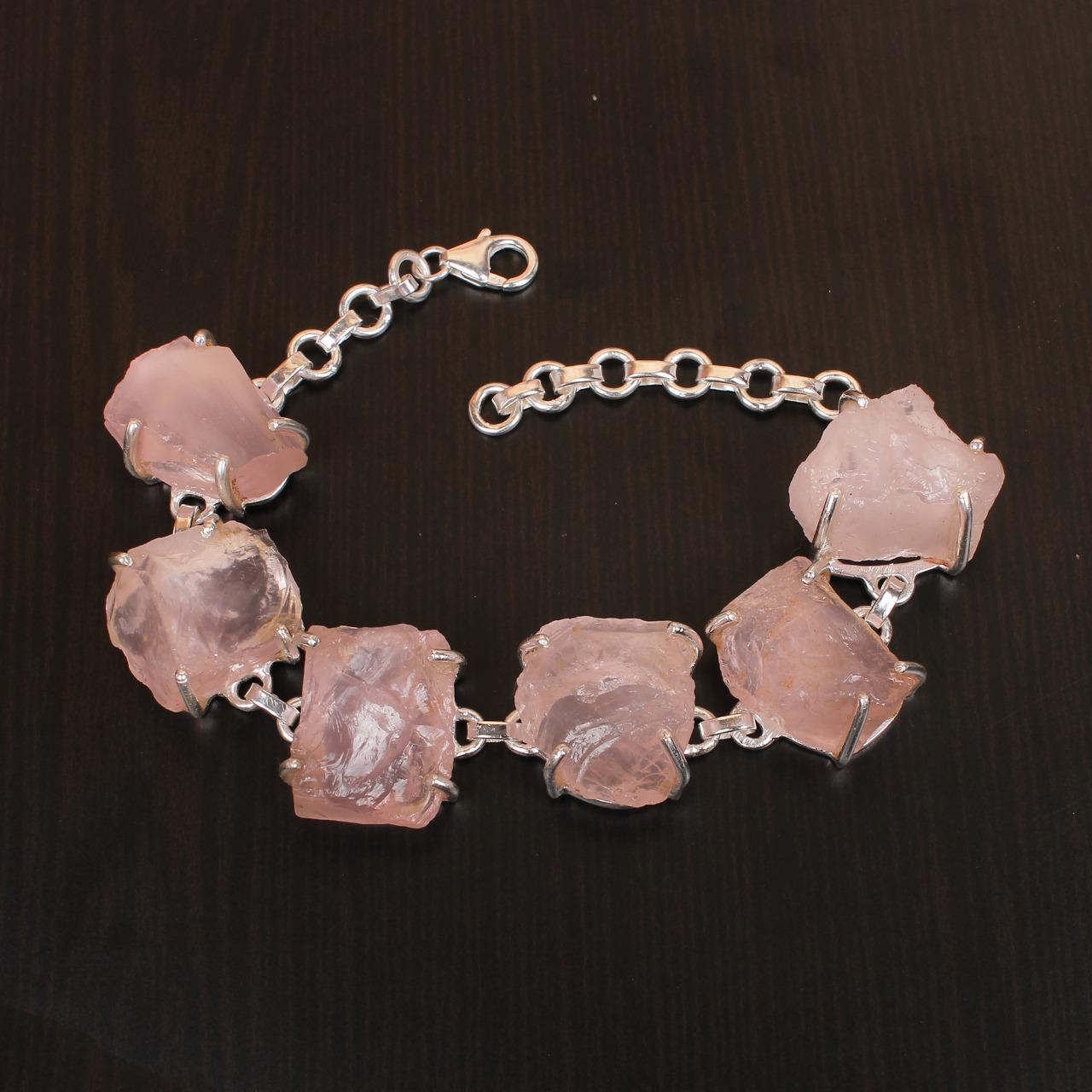 Rose Quartz Stone Silver Design Bracelet