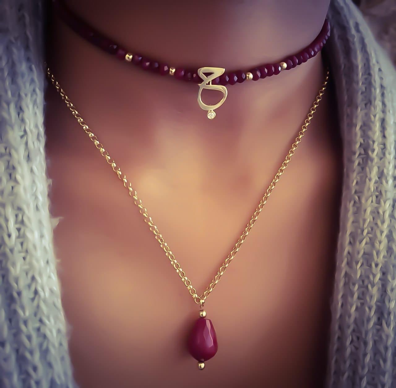 Gold (حب) Design with Ruby Stone Necklace