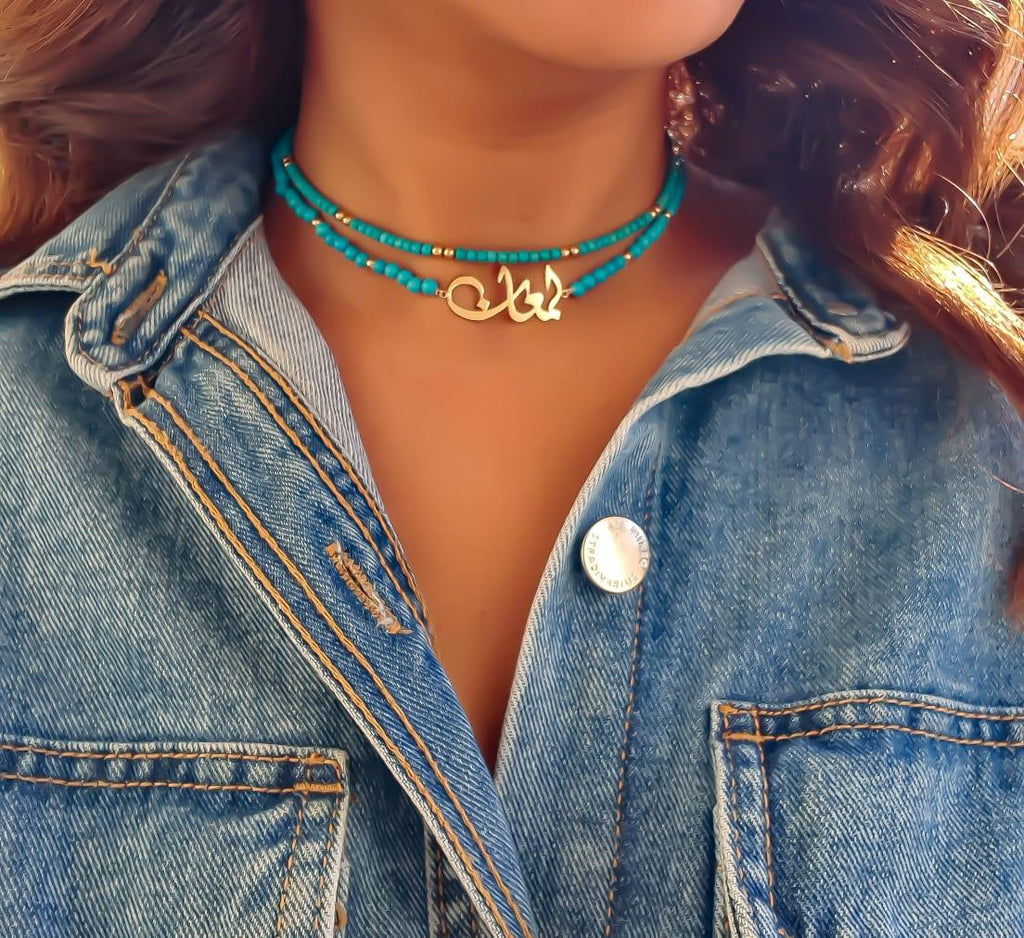 Gold Name Design with Turquoise Stone Necklace