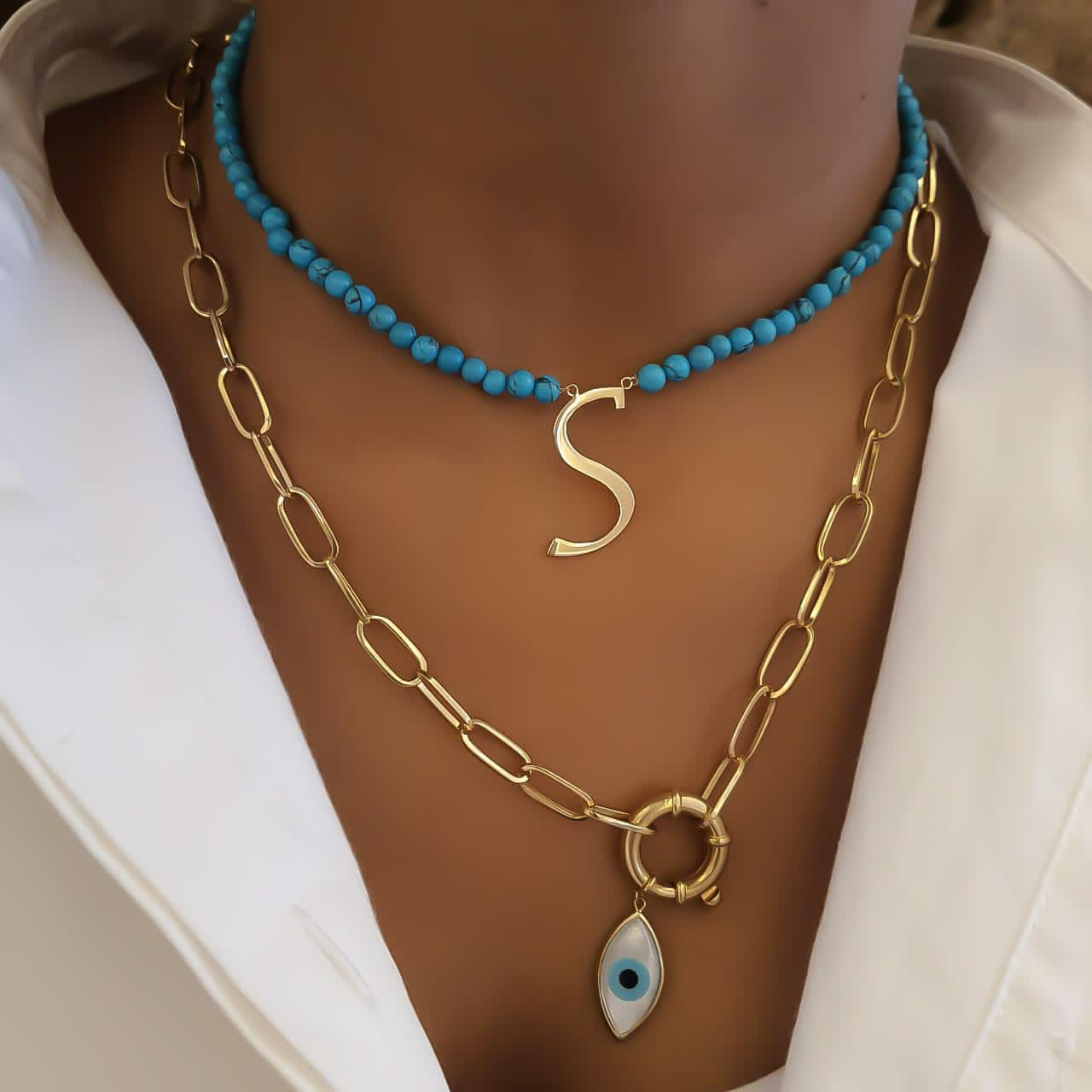 Gold Letter Design with Turquoise Stone Necklace