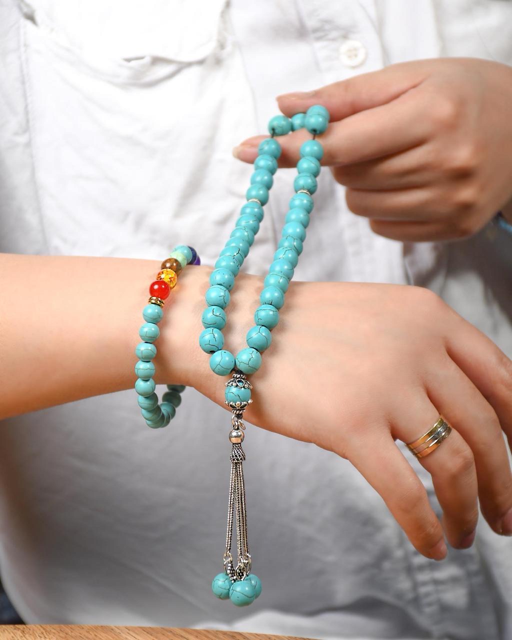 Natural Turquoise Stone Masbaha with Italian Silver Karkosha Design ‎