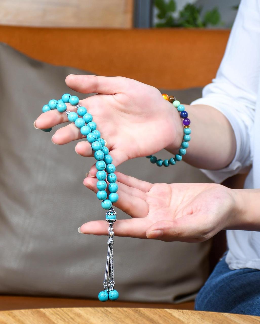 Natural Turquoise Stone Masbaha with Italian Silver Karkosha Design ‎