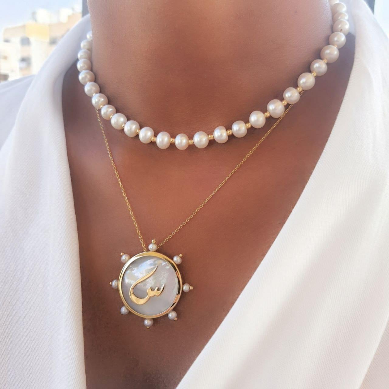 Gold Letter Design with Natural Pearl Necklace