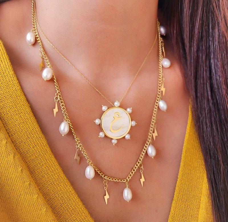 Gold Letter Design with Natural Pearl Necklace