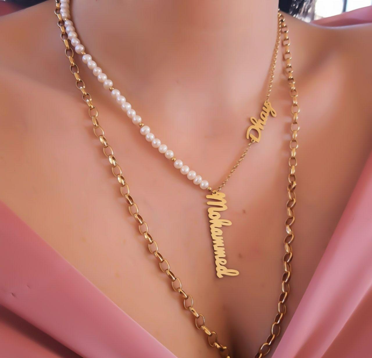 3 Gold Cuneiform Name Design with Natural Pearl Necklace