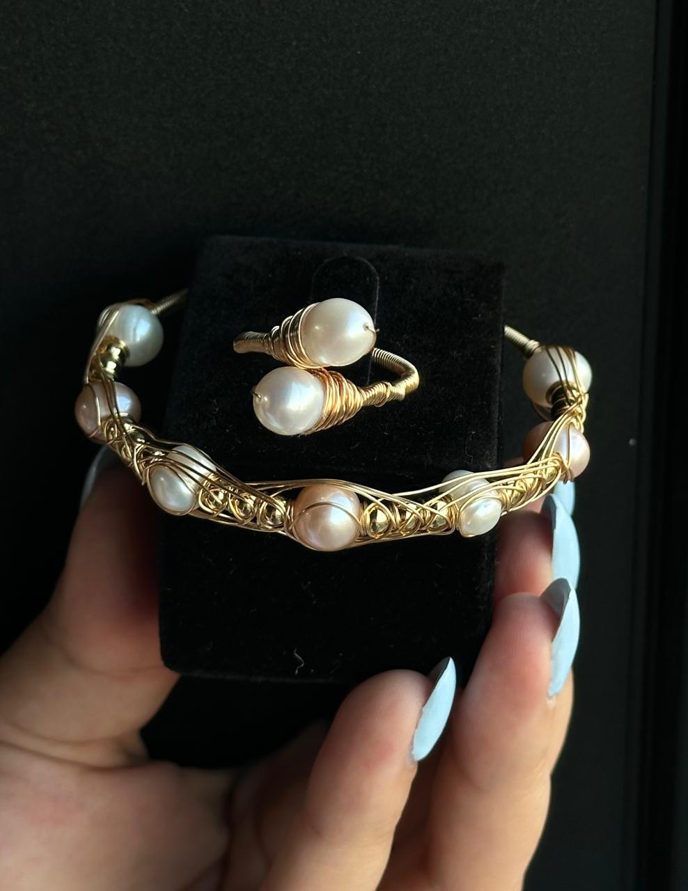 Natural Pearl Gold Plated Bracelet with Ring