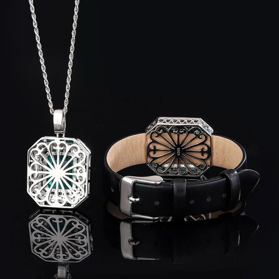 Emerald Natural Stone With Italian Silver and Leather Design Bracelet