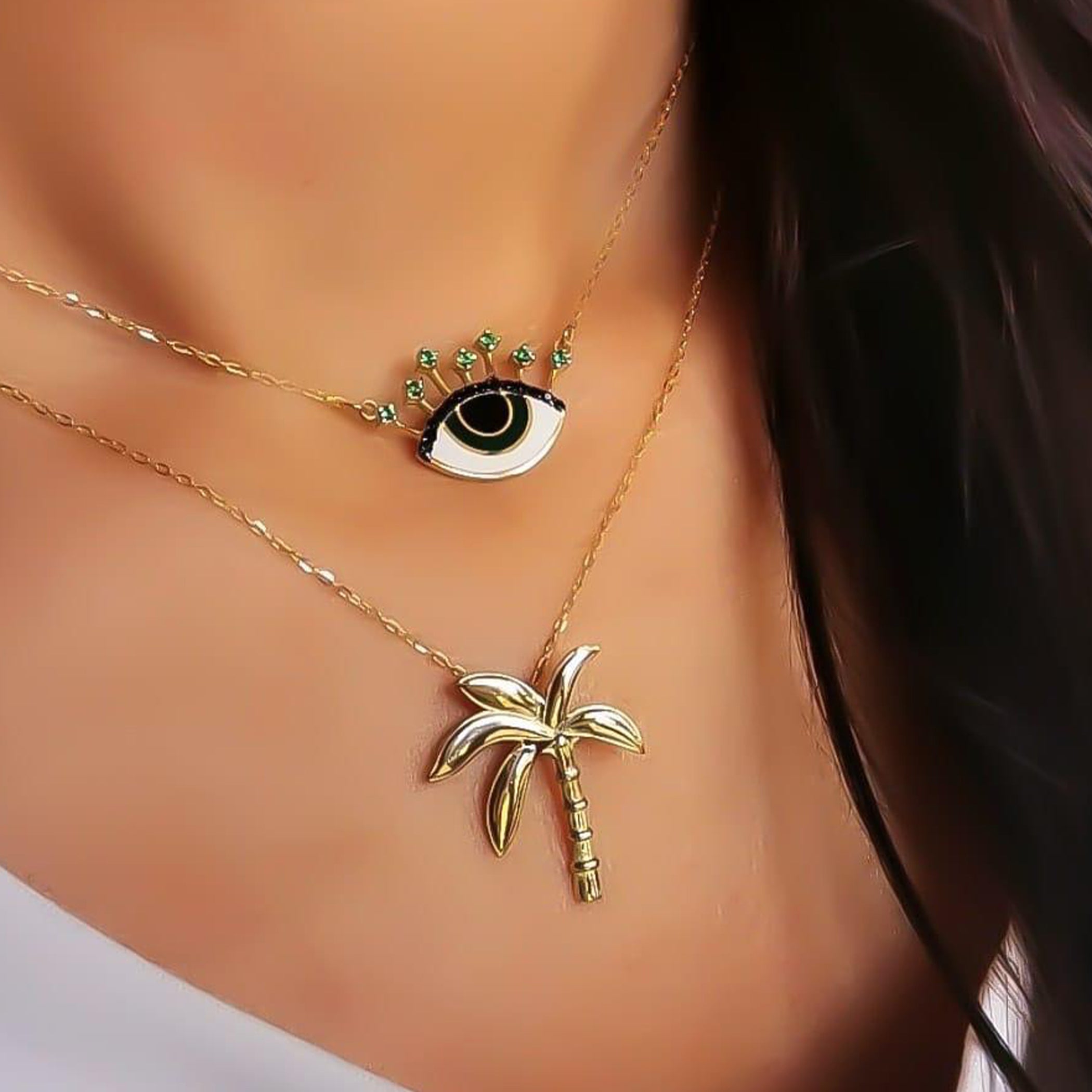 Gold “Green Eyelashes Eye” With Green Zirconia Design Necklace