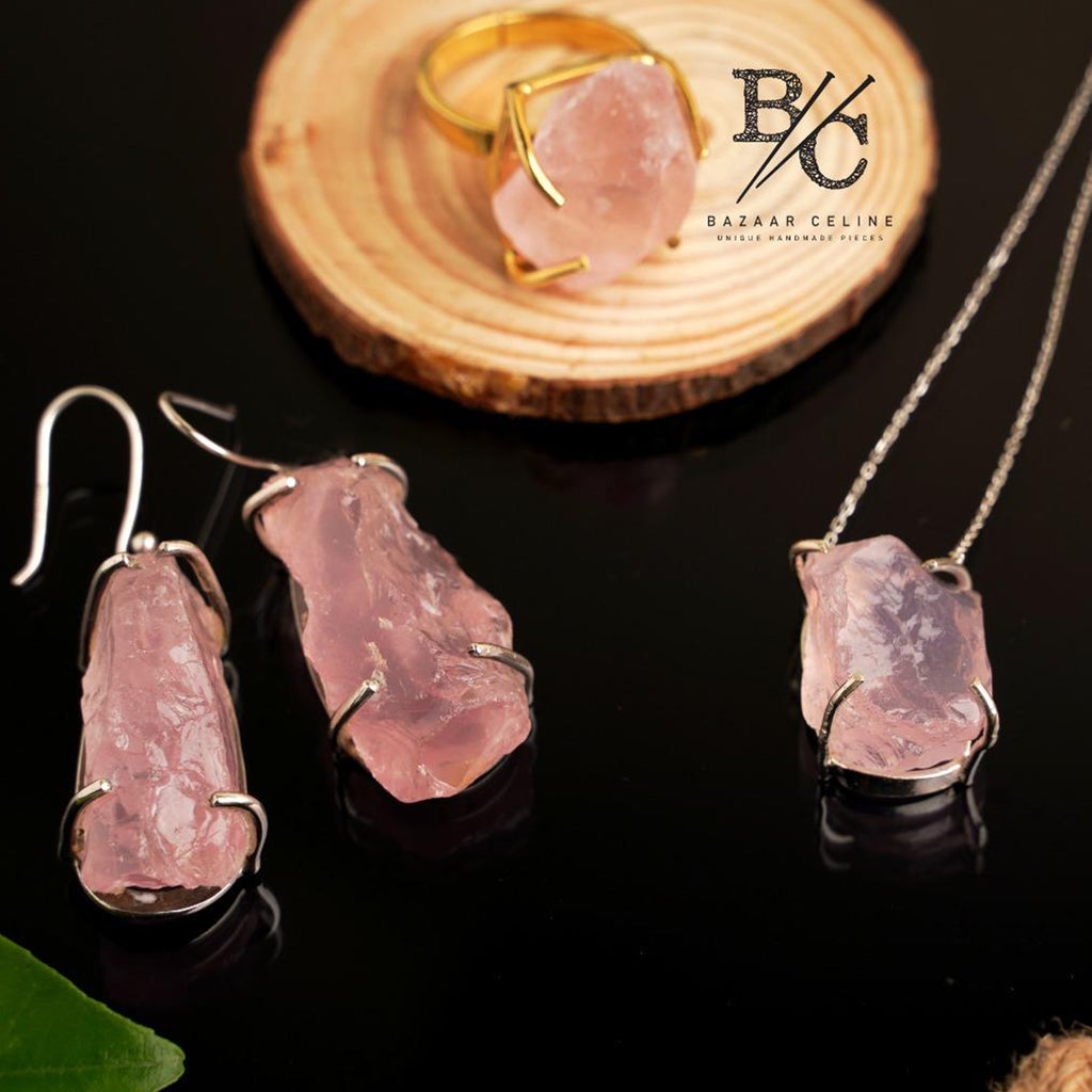 Rose Quartz Stone Silver Design Set