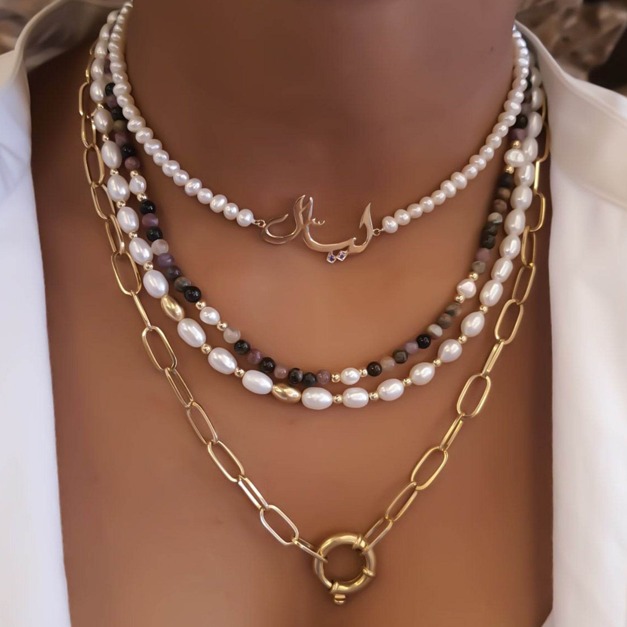 Gold Name Design with Natural Pearl Necklace