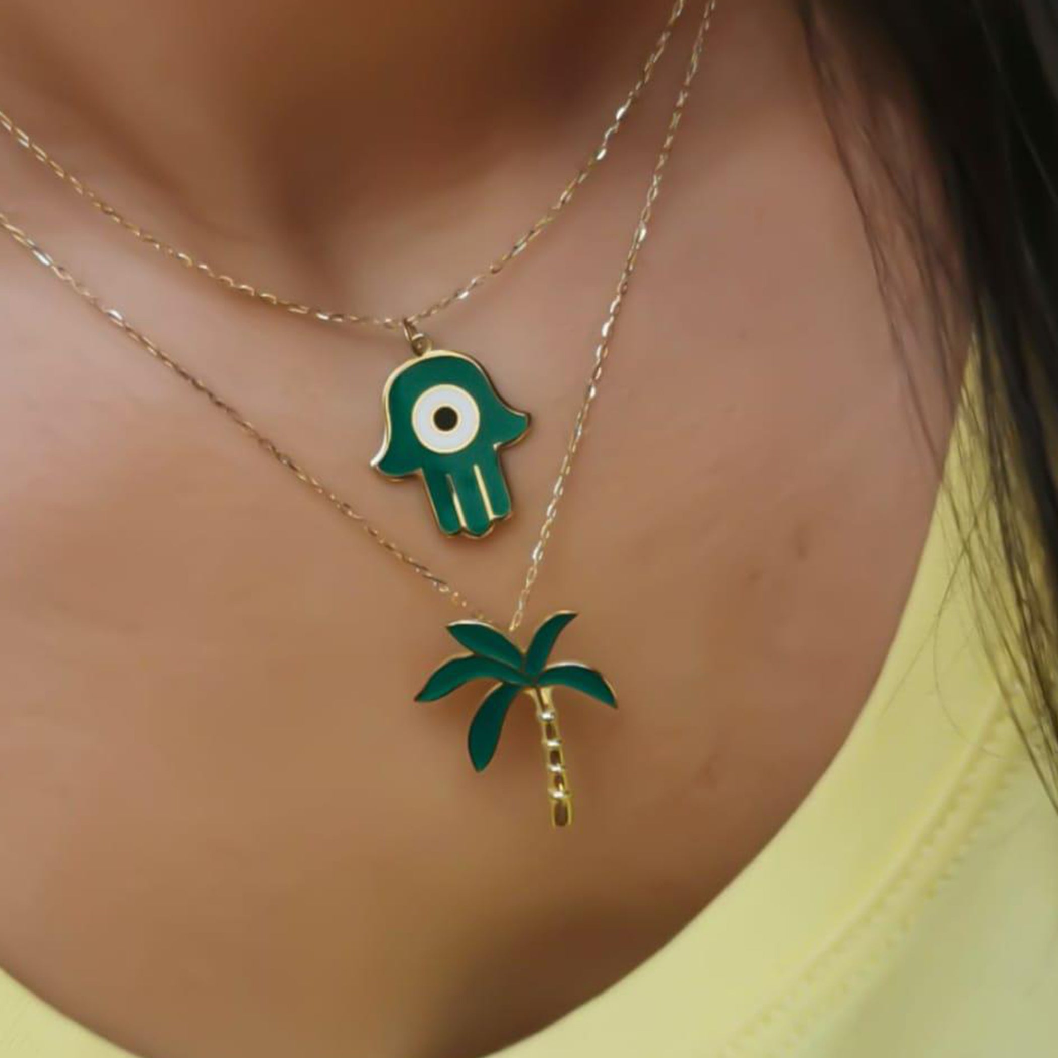 Palm Gold with Italian Enamel Necklace, Big Size