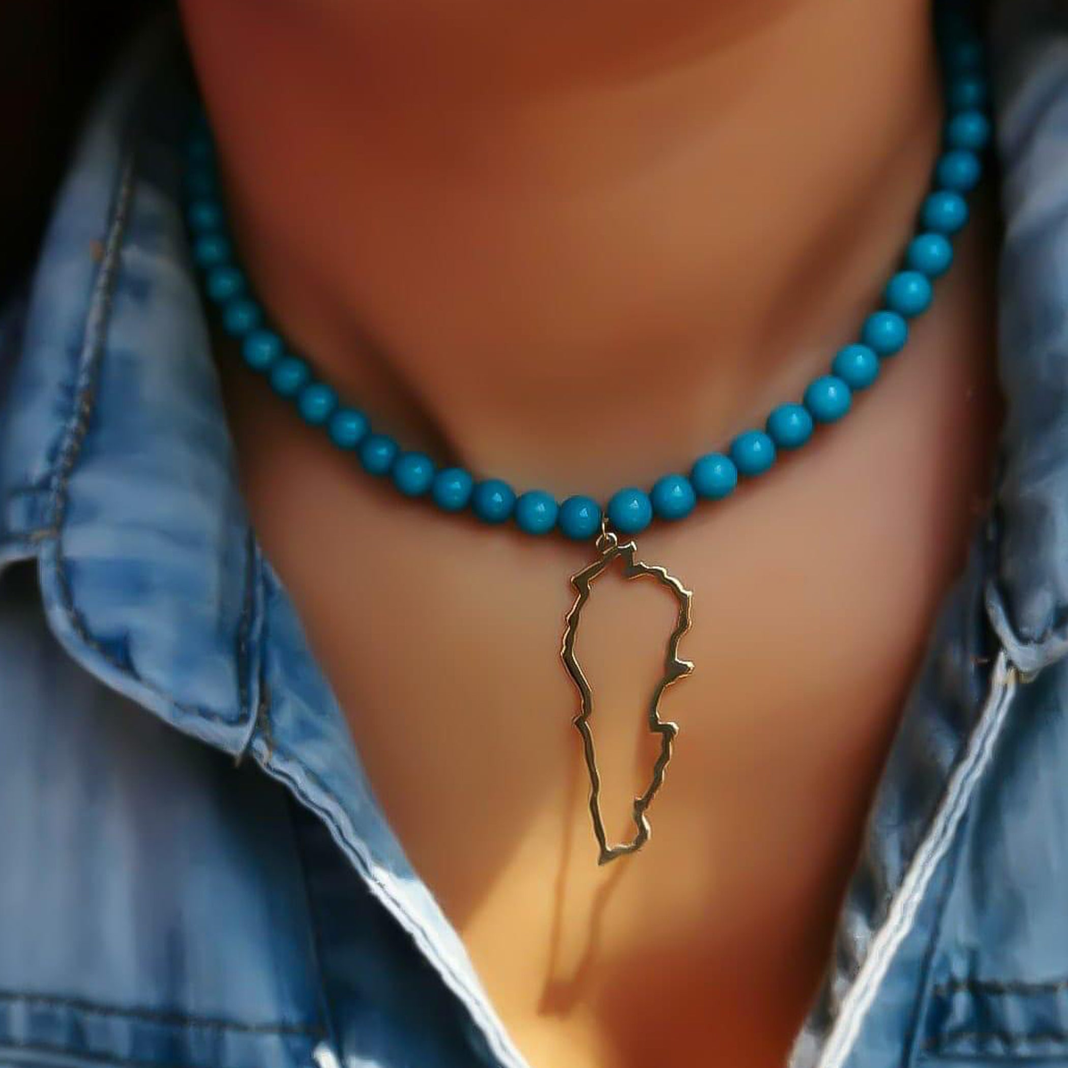 Gold Map Design Turquoise Stone Necklace