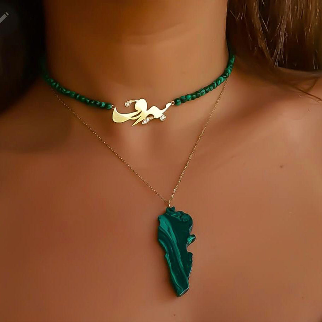 Gold Name Design with Malachite Stone Necklace