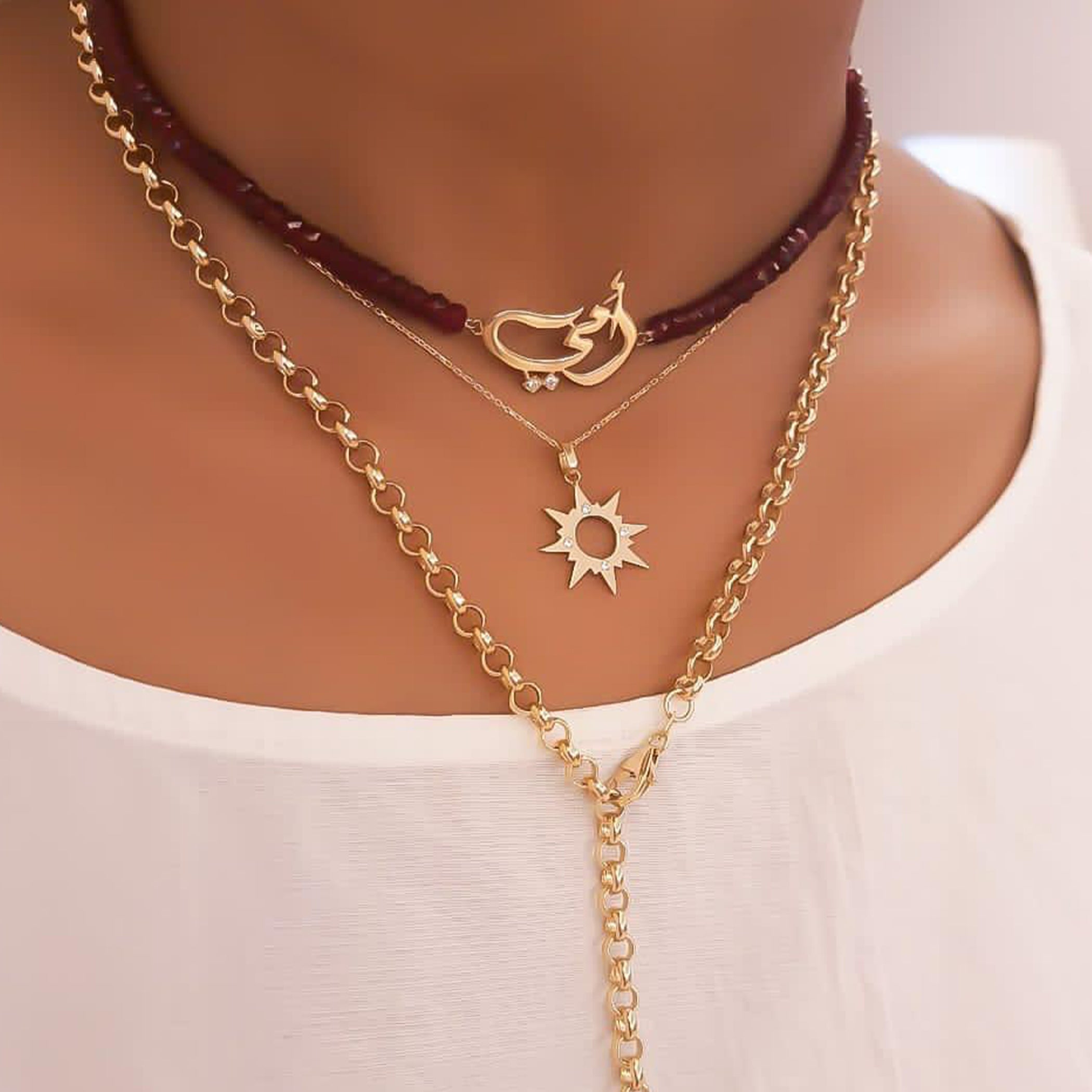 Gold Name Design with Ruby Stone Necklace