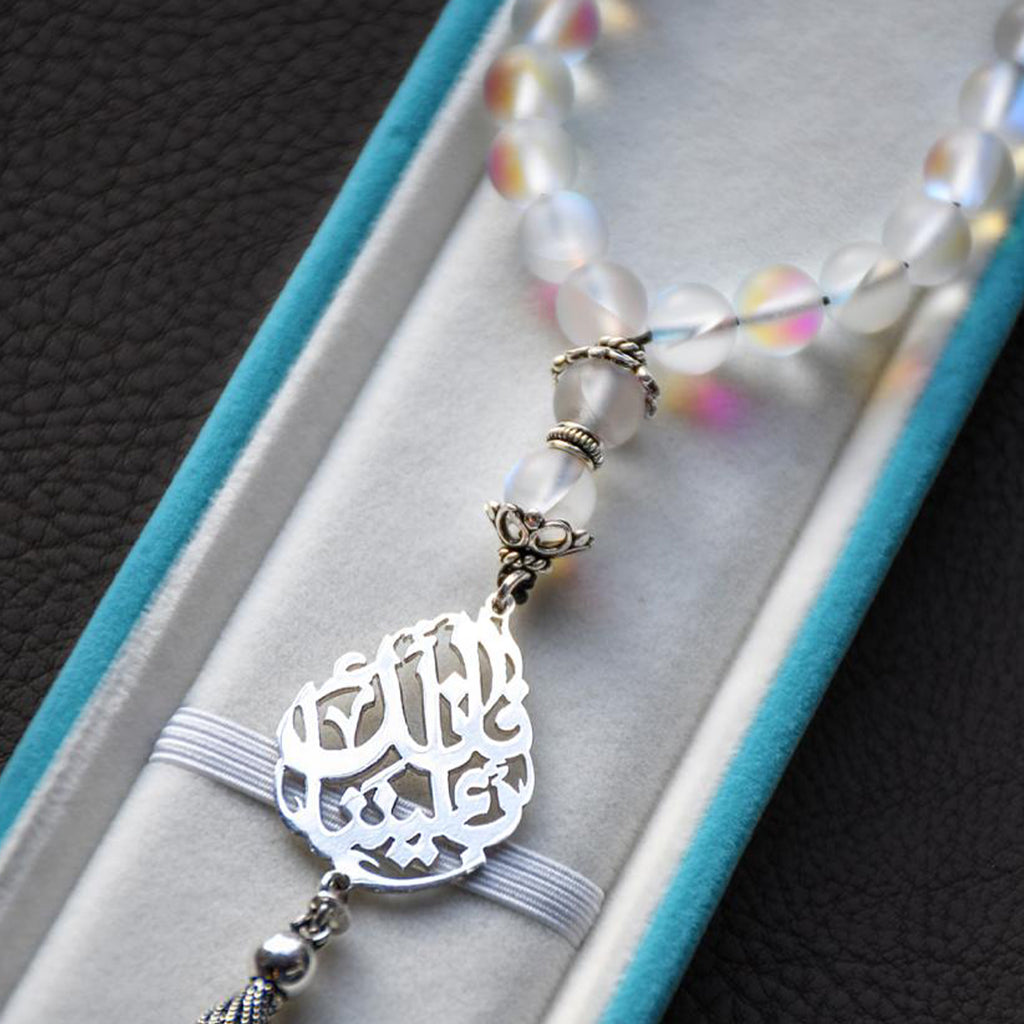 Natural Moon Stone Masbaha with Italian Silver Name Design ‎
