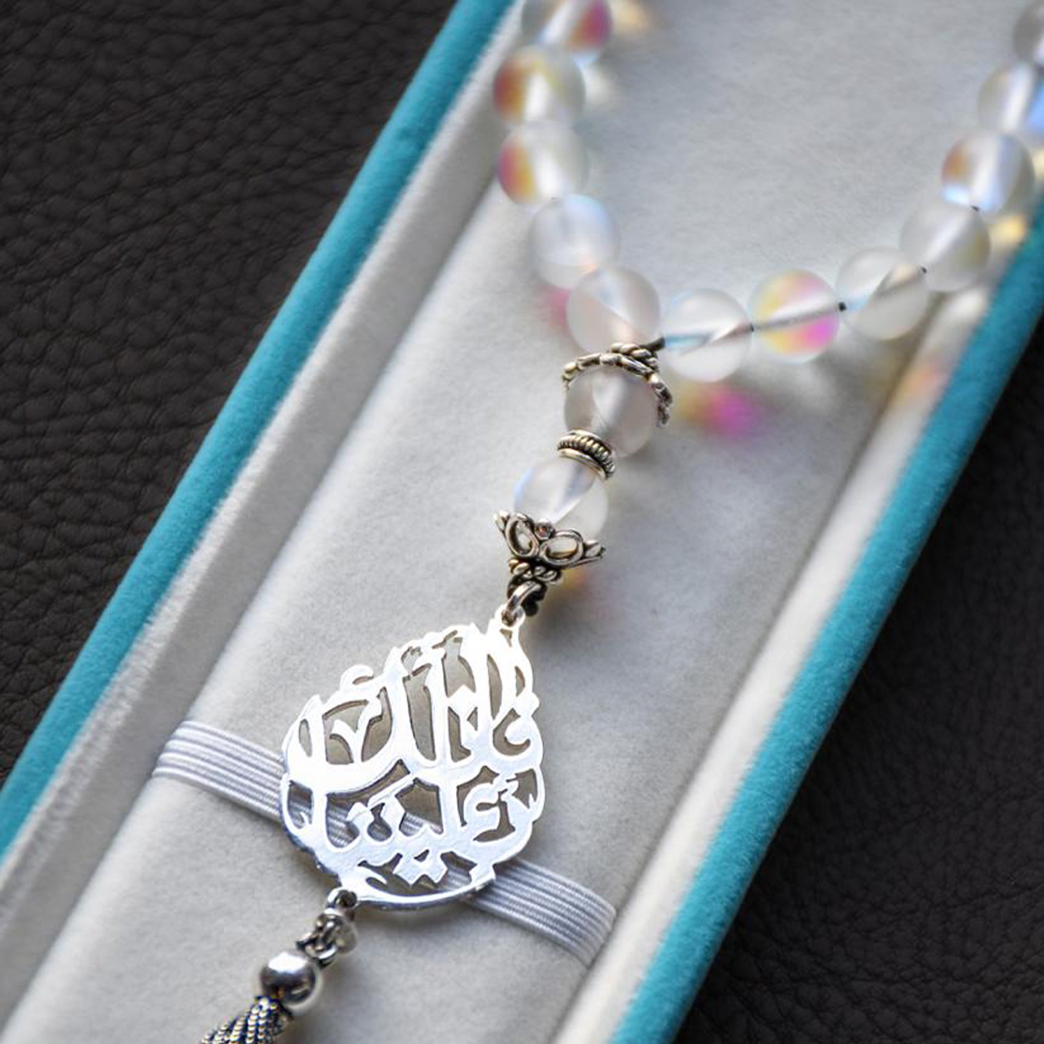 Natural Moon Stone Masbaha with Italian Silver Name Design ‎
