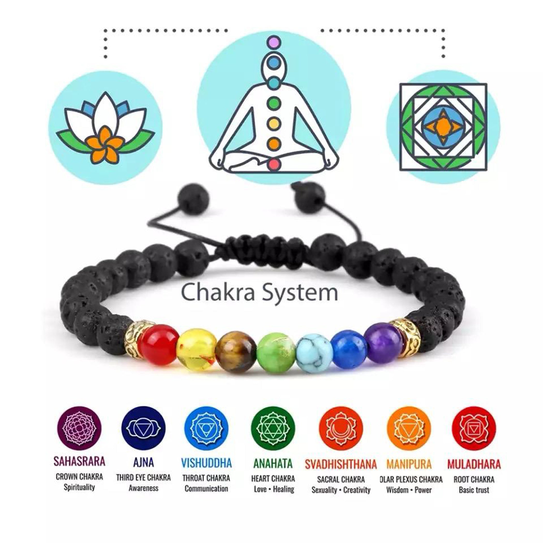 7 Chakras Natural Stone With Lava Stone Braided Bracelet